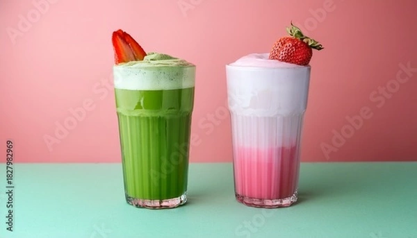 Obraz Iced Matcha Latte And Strawberry Milk Matcha Latte In Tall Glasses Isolated On A Colorful Background