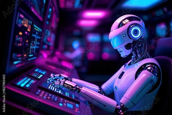 Fototapeta Futuristic Humanoid Robot at High-Tech Control Panel – Photorealistic Sci-Fi 3D Render
