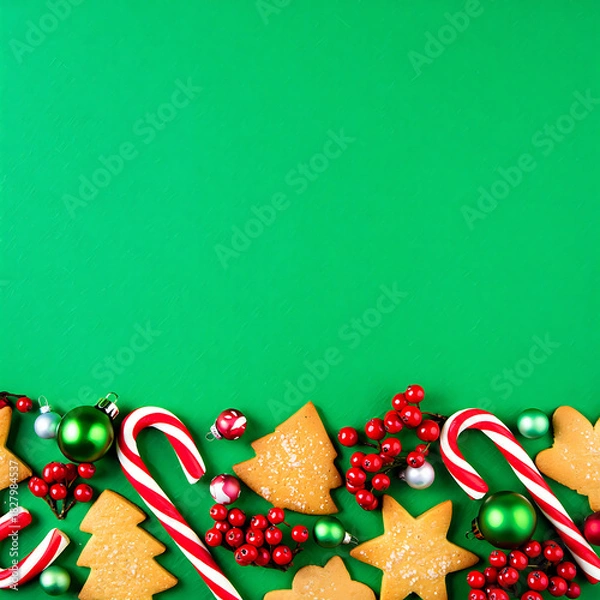 Fototapeta A fun Christmas background with a bottom border of candy canes, cookies, and ornaments on a bright green surface.