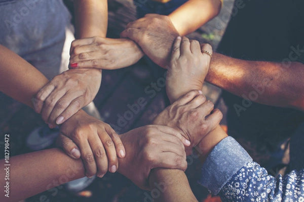 Fototapeta Team Work Concept : Group of Diverse Hands Together Cross Processing of young people in the nature