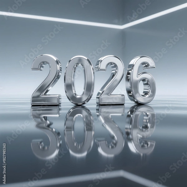 Obraz A modern silver-themed New Year design featuring reflective metallic numbers.