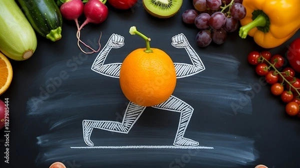 Obraz Orange with drawn muscles surrounded by fresh fruits and vegetables symbolizing healthy nutrition
