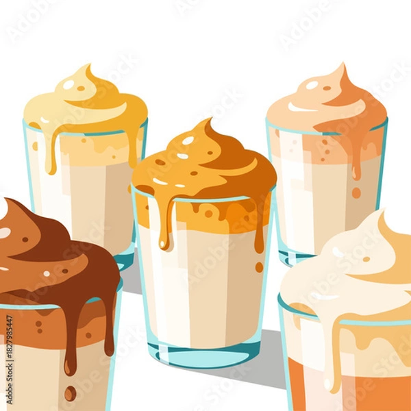 Fototapeta Artistic illustration of various creamy whipped drinks in glasses, offering delightful flavors for refreshment