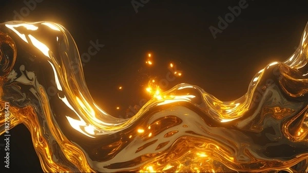 Obraz Golden liquid splash flowing with glowing particles in dark background
