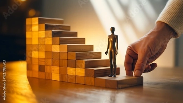 Obraz Wooden staircase with figure being guided upward by a helping hand
