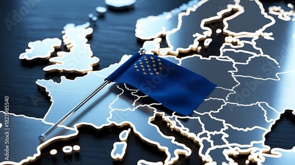 Obraz European union flag on illuminated digital europe map representing unity
