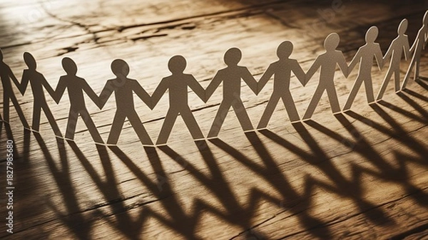 Obraz Paper chain people holding hands casting long shadows on wooden surface
