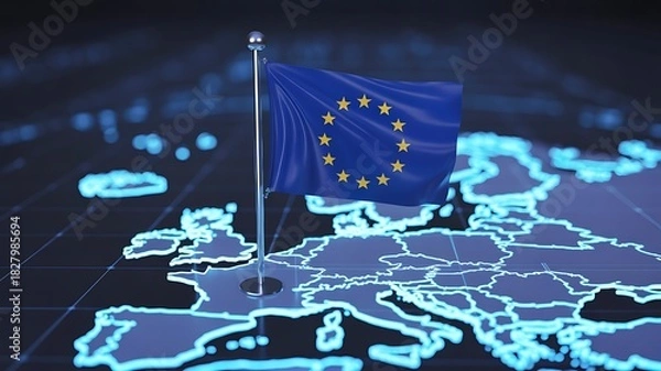 Obraz European union flag placed on digital map of europe glowing in blue
