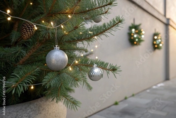 Fototapeta Close up of decorated pine tree with fairy lights and silver ornaments