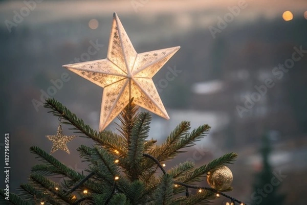 Fototapeta Lit Christmas Tree Star Decoration Shines in Soft Evening Light