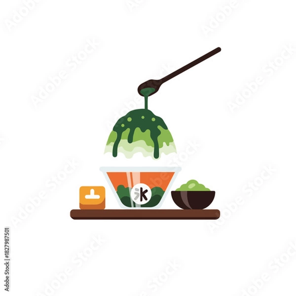 Fototapeta Refreshing green tea shaved ice dessert, expertly topped with luscious matcha syrup, a delightful sweet treat