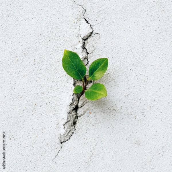 Fototapeta Bright green sprout defies concrete, showcasing nature's resilience in a minimalist setting