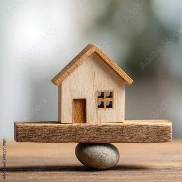 Fototapeta Small wooden house model balanced on the edge of a table in a minimalist and modern setting