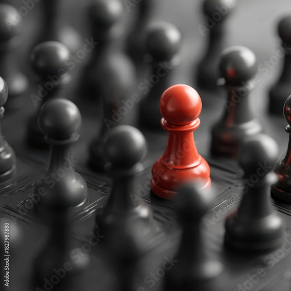 Fototapeta Bright red pawn stands out among grey chess pieces in a clean and modern setting, symbolizing individuality and uniqueness