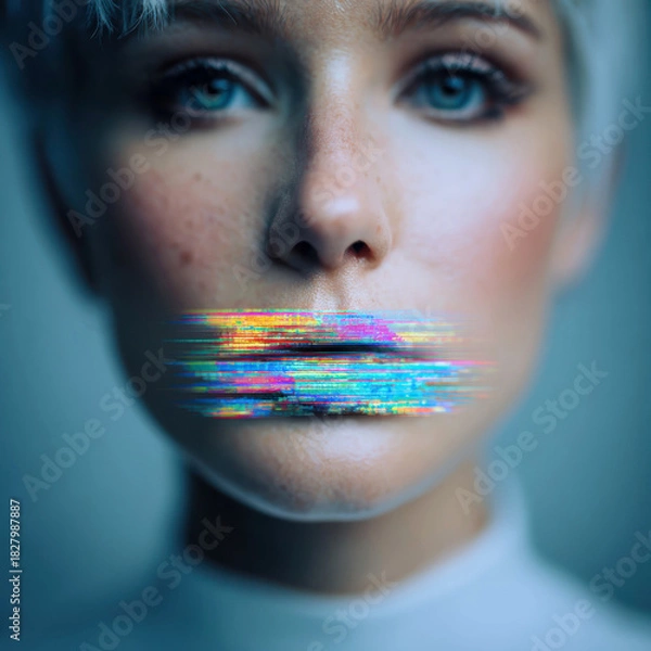 Fototapeta Close-up portrait featuring digital glitch effect symbolizing silence and censorship in bright, minimalistic professional setting