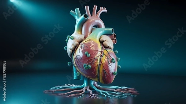 Obraz Detailed anatomical human heart model with branching roots on dark background
