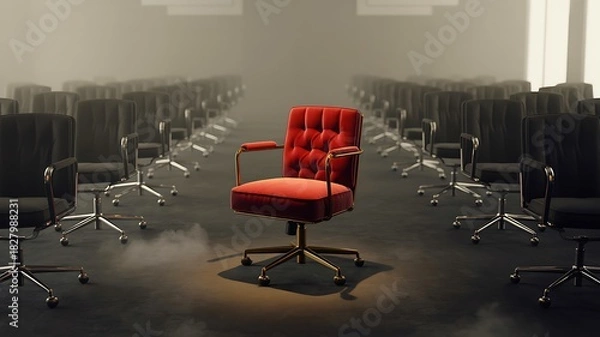 Obraz Red office chair standing out among rows of black chairs in workplace scene
