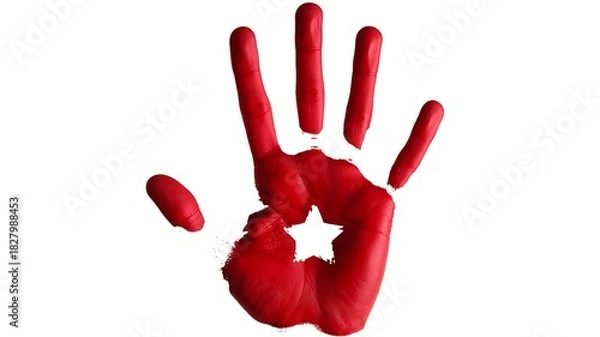 Obraz Red painted handprint isolated on clean white background
