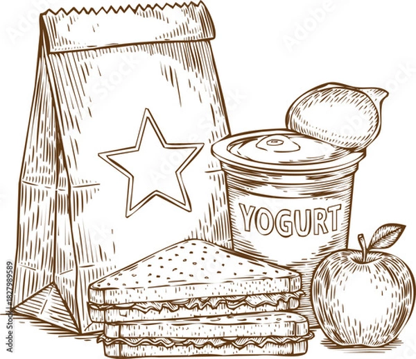 Obraz An engraving art style illustration hand drawn sketch of a healthy school lunch packed in a paper bag with a sandwich, yogurt, apple, and lemon
