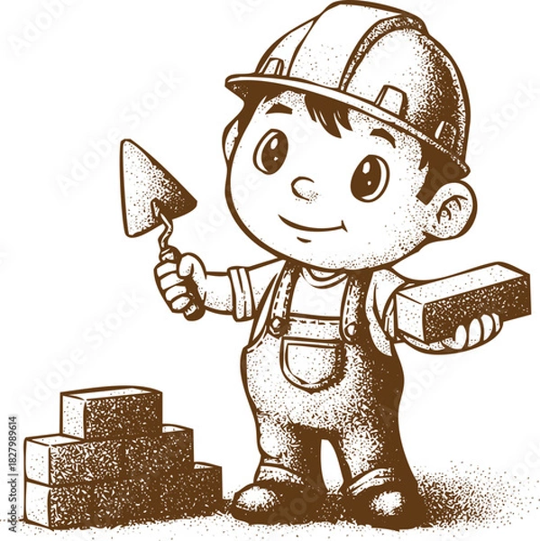 Obraz An engraving art style illustration cute cartoon child construction worker wearing hard hat holding trowel and brick with small stack of brick