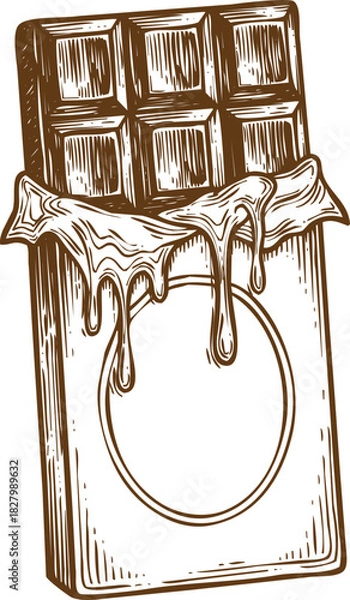 Obraz An engraving art style illustration hand drawn sketch of a delicious chocolate bar partially unwrapped with melting drips