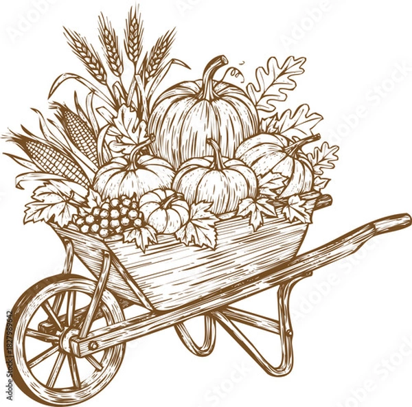 Obraz An engraving art style illustration hand drawn sketch of a wheelbarrow filled with pumpkins, wheat, and autumn foliage