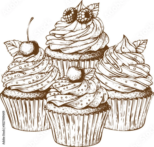 Obraz An engraving art style illustration hand drawn sketch illustration of four delicious cupcakes with frosting and berry topping
