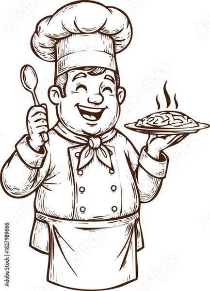 Obraz An engraving art style illustration hand drawn sketch of a happy cartoon chef in uniform holding a serving spoon and a plate of hot steaming food