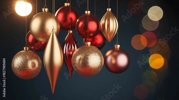 Obraz Festive christmas ornaments hanging with golden and red decorations
