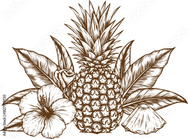 Obraz An engraving art style illustration vintage sketch illustration of a whole pineapple surrounded by tropical leaves and a hibiscus flower