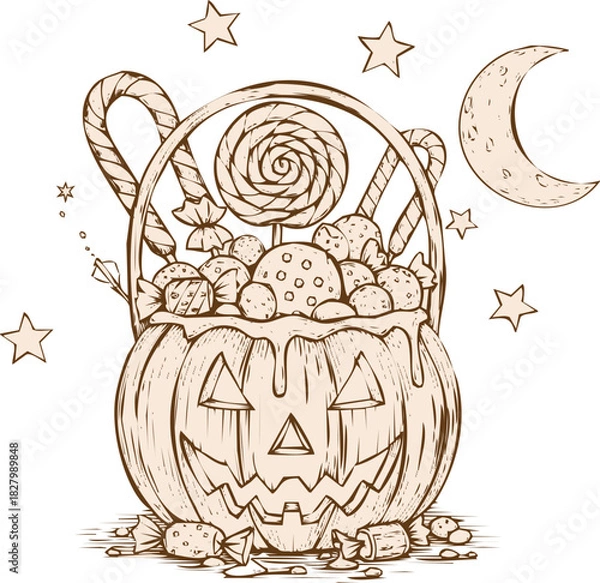 Obraz An engraving art style illustration hand drawn sketch of a halloween pumpkin candy basket filled with sweet treat, lollipop, and candy