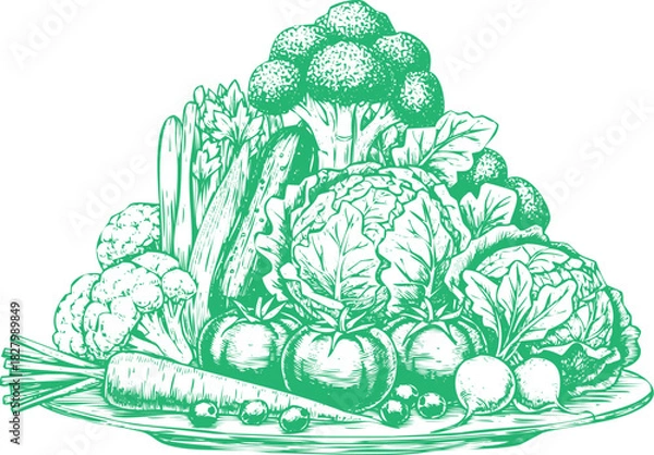 Obraz An engraving art style illustration hand drawn sketch illustration of a pile of fresh green vegetable assortment including broccoli, cabbage, and carrot