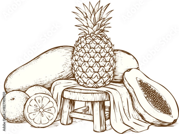 Obraz An engraving art style illustration vintage style hand drawn illustration of tropical fruit arrangement featuring a pineapple, papaya, and citrus fruit