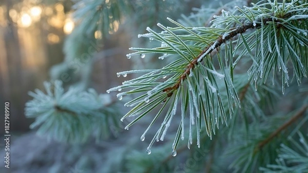 Obraz Frost covered pine needles in winter forest nature scene
