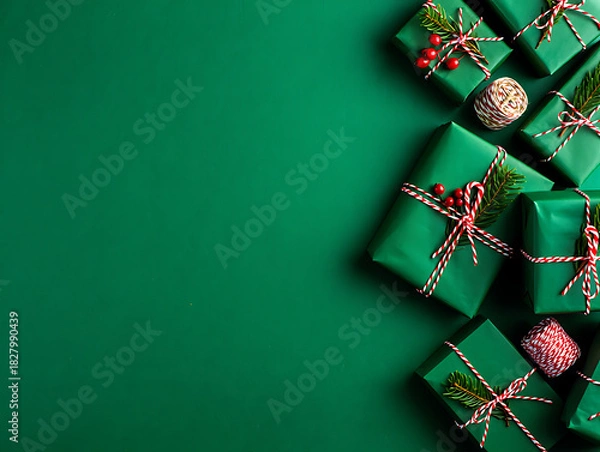 Fototapeta A stylish Christmas flat lay with a corner border of green gift boxes on a dark green background.