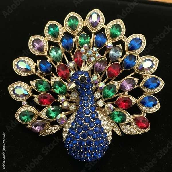 Obraz Cute Sparkling Peacock Pin with Vibrant Stones in a Stunning Background