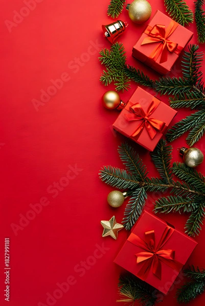 Fototapeta A Christmas-themed vertical flat lay with a side border of red gifts and fir branches on a red background.