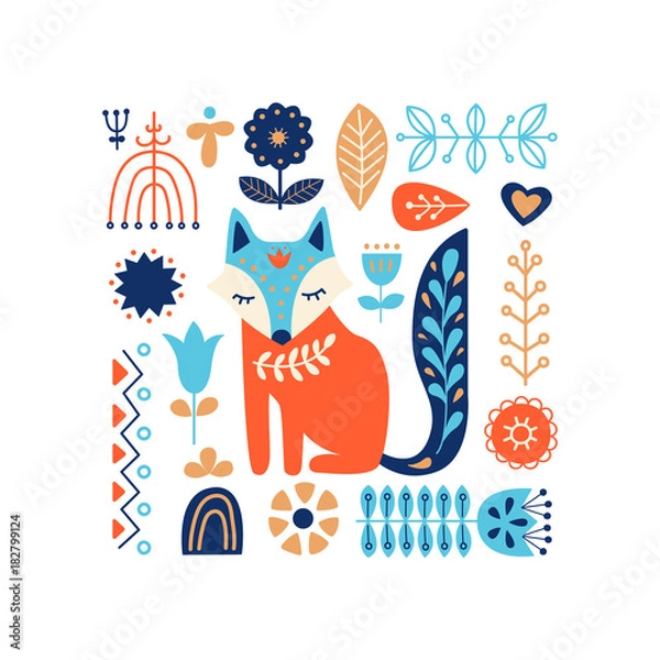 Fototapeta Nordic ornaments, folk art pattern. Scandinavian style. Fox and forest flowers. Vector illustration.