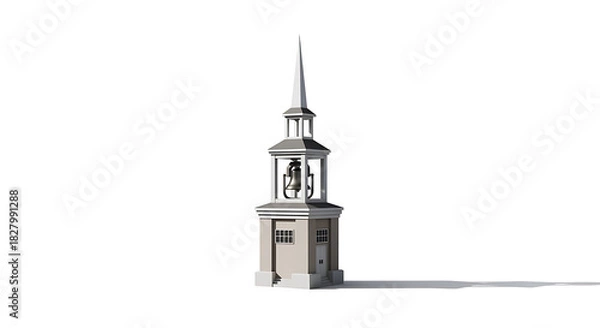 Fototapeta A building with a bell tower and a steeple on top of it standing on a white surface casting a shadow ai generated