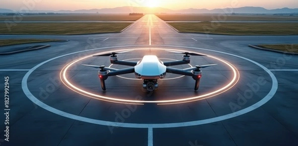 Fototapeta Futuristic drone landing pad with glowing circle at sunset