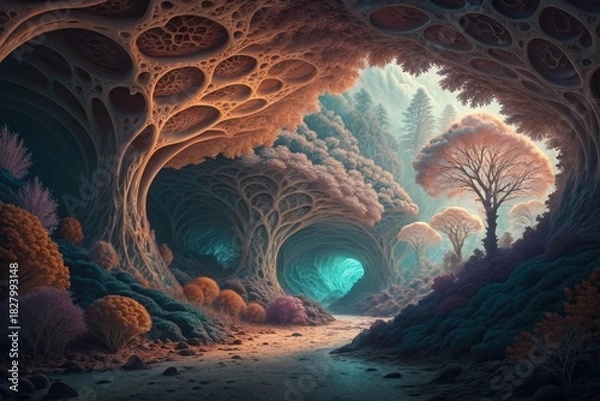 Fototapeta Enchanting otherworldly forest cave with glowing crystal