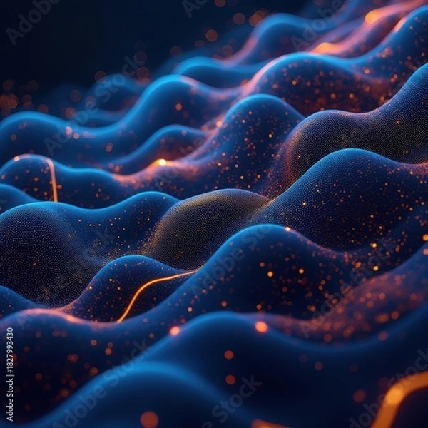 Fototapeta Abstract bioluminescent microscopic landscape with glowing particles