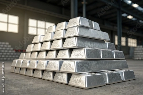 Fototapeta Large stack of shiny metal ingots in a warehouse