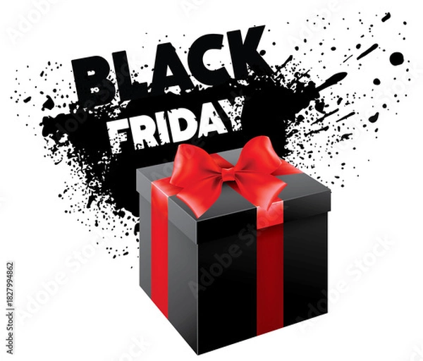 Obraz Black friday sale gift box with red bow, Bold promotional graphic. Black friday ribboned gift box with splash text, Festive promotional graphic