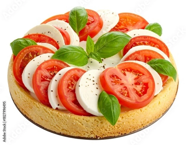 Obraz Circular appetizer with tomato and mozzarella slices, garnished with fresh basil on a pale yellow base