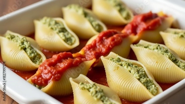 Fototapeta Stuffed Pasta Shells with Green Filling and Tomato Sauce in Baking Dish image stock
