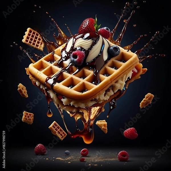 Fototapeta Illustration of delicious waffle with ice cream, fresh berries, and chocolate sauce splashes
