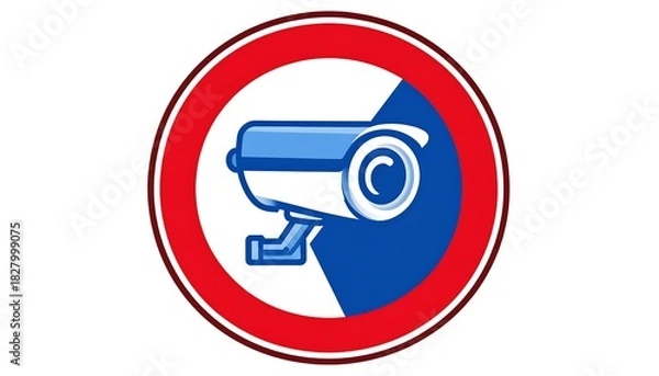 Obraz Circular graphic featuring a security camera icon, split blue/white within a red circular frame