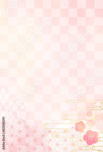 Obraz ピンクの和柄 和紙の 年賀状 背景　縦