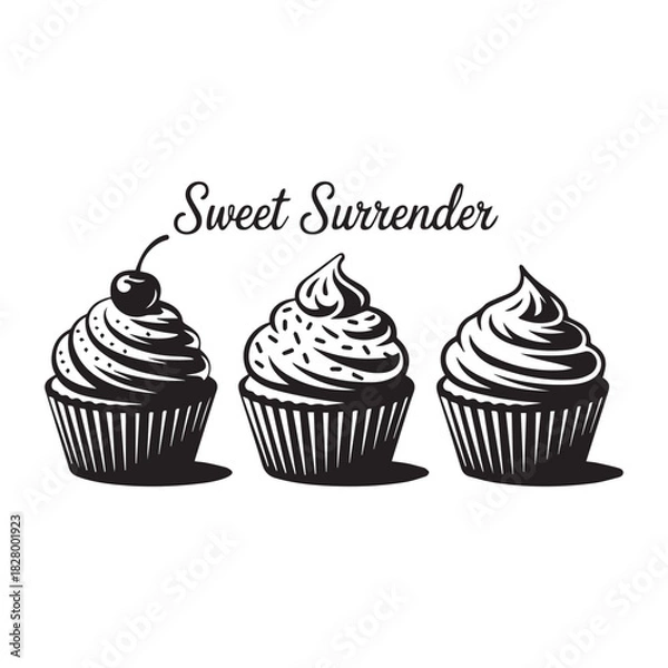 Obraz Three delicious cupcakes with cherry and swirled frosting